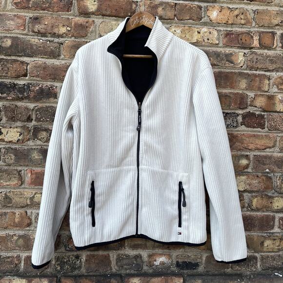Tommy Hilfiger Full Zip Black White Reversible Fleece Jacket Vintage - Picture 1 of 7